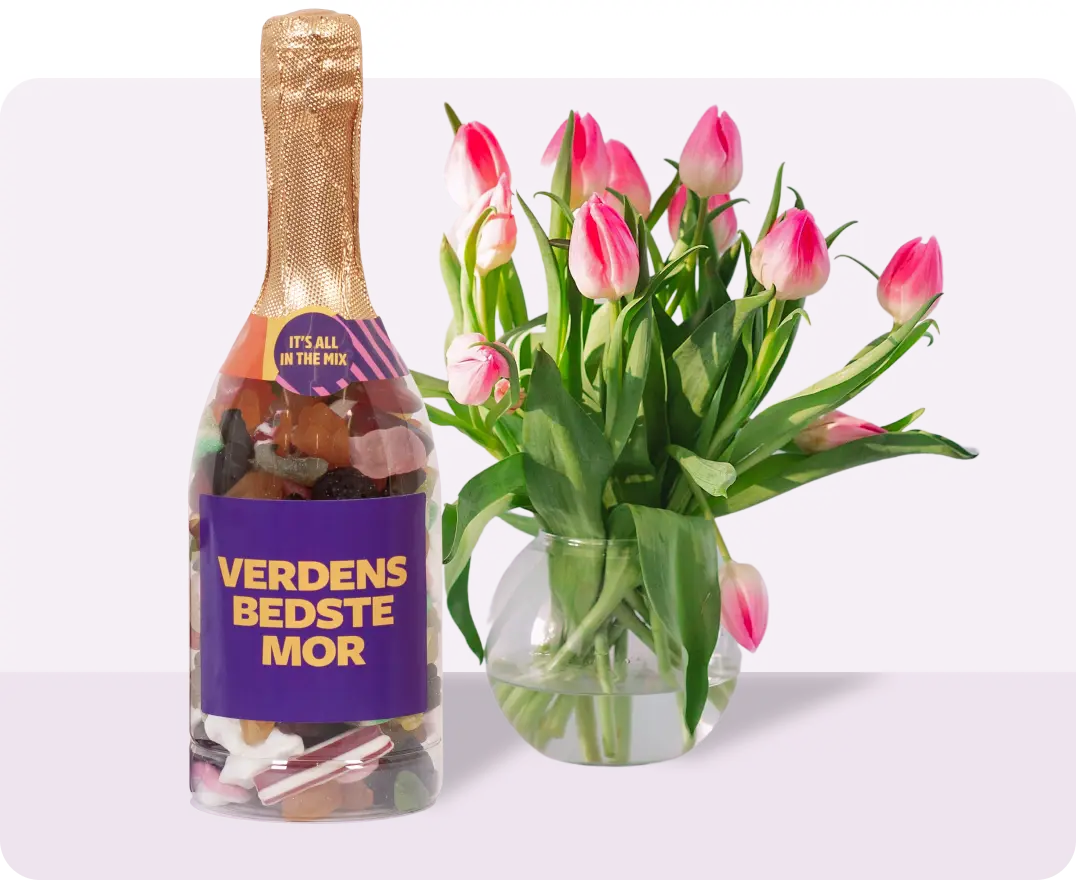Champagneflaske med slik til mors dag - verdens bedste mor label