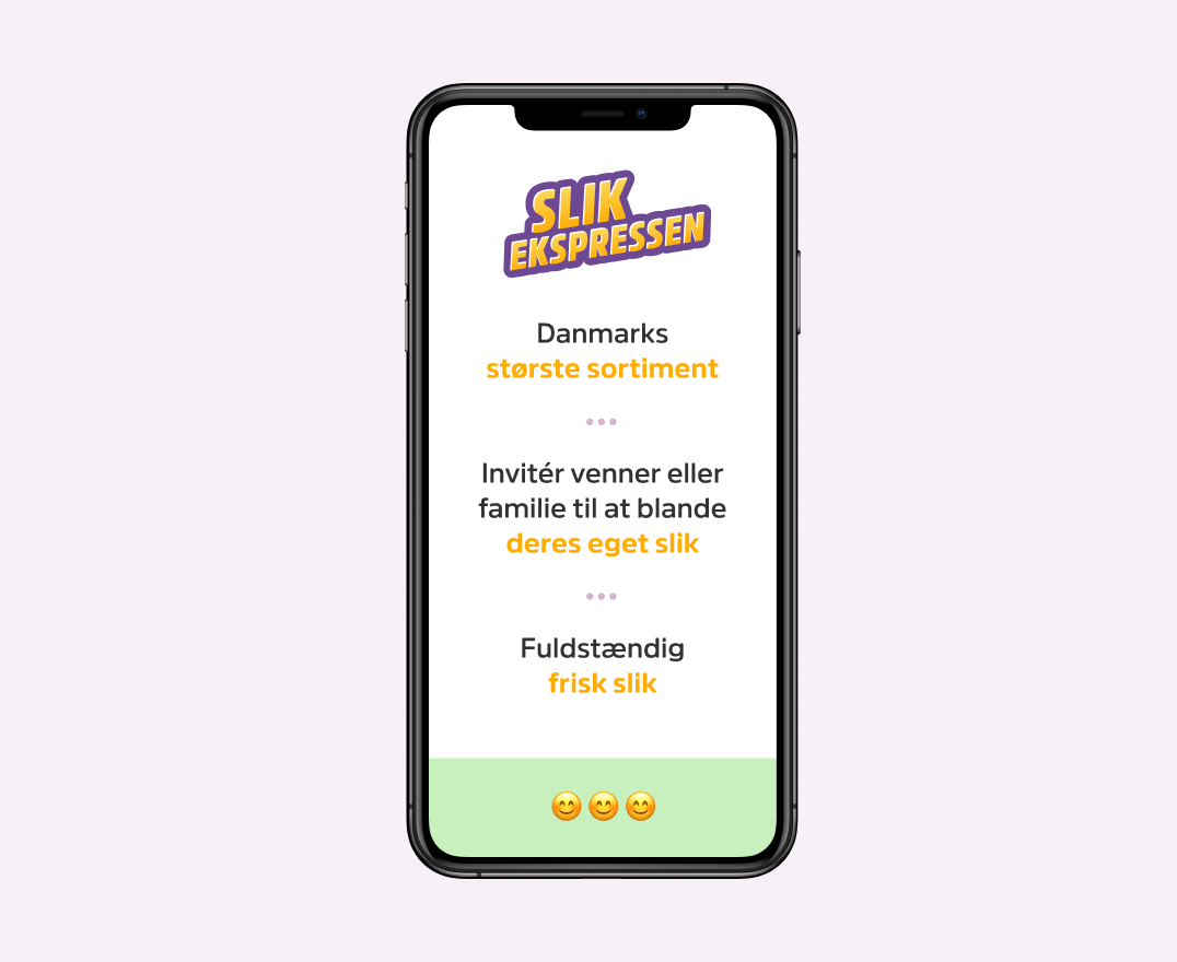 Mobilvisning af SlikEkspressen med sloganer om Danmarks største sortiment, mulighed for at blande eget slik og garanteret frisk slik.