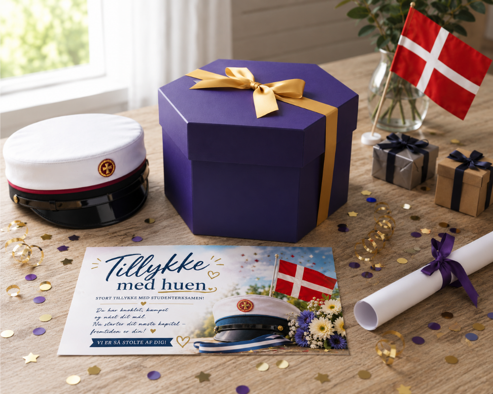 Lilla Explosion Box gaveæske med guldsløjfe omgivet af studenterhue, dansk flag, konfetti og studenterkort på festligt bord til fejring af studenten.