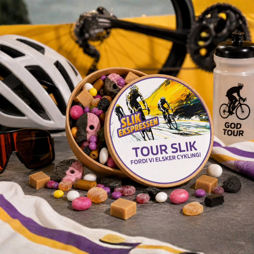 Tour Bøtte fra SlikEkspressen fyldt med Bland Selv Slik i cykeltema, præsenteret sammen med cykelhjelm, cykelbriller og drikkedunk med teksten God Tour. Perfekt gave til cykelfans og Tour-entusiaster.