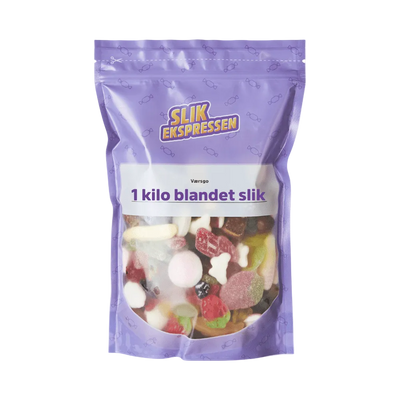 1 kilo blandet slik i lilla pose fra SlikEkspressen – med variabelt indhold af søde, sure og salte favoritter.