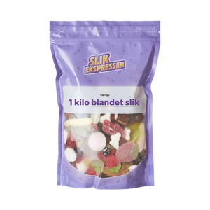 1 kilo blandet slik i lilla pose fra SlikEkspressen – med variabelt indhold af søde, sure og salte favoritter.