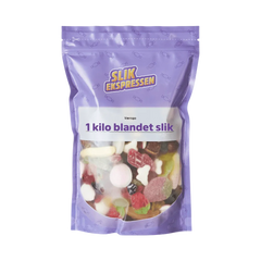 1 kilo blandet slik i lilla pose fra SlikEkspressen – med variabelt indhold af søde, sure og salte favoritter.