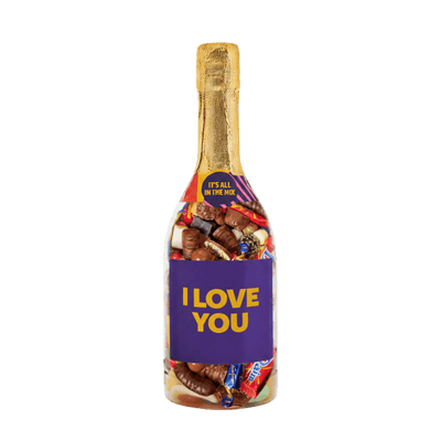 Chokolade Mix – I Love You Champagneflaske med slik fra SlikEkspressen, romantisk gave fyldt med chokoladefavoritter i dekorativ champagneflaske.