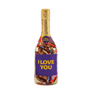 Chokolade Mix – I Love You Champagneflaske med slik fra SlikEkspressen, romantisk gave fyldt med chokoladefavoritter i dekorativ champagneflaske.
