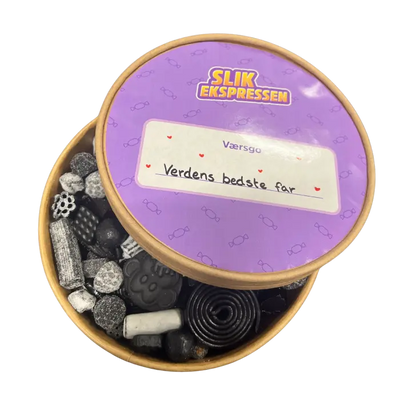 Et lakridsmix lavet specielt til fars dag - tekst på bøtte Verdens bedste far