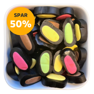Fyldte Lakrids Skiver fra Makulaku med blød lakrids og farverigt frugtfyld i midten – en farverig favorit i Bland Selv Slik. Tilbud – spar 50%.