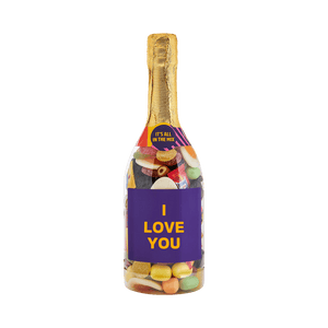 Champagneflaske med bland selv slik - I love you label