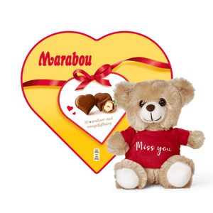 Her vises et Marabou hjerte og en bamse af stof