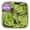 Æble Pasta fra Haribo - syrlige vingummistrimler med æblesmag og 50% rabat-mærkat.