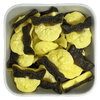 skum- og vingummifigurer formet som ugler med smag af banan og lakrids.