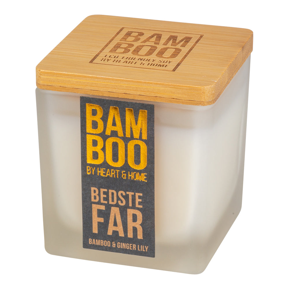 Duftlys i glas med bambuslåg og teksten Bedste Far – med duft af bamboo og ginger lily. Perfekt gave til far.