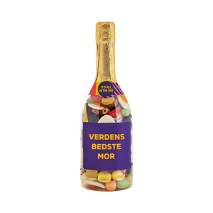 Champagneflaske fyldt med slik og etiketten “Verdens Bedste Mor” en sød gaveidé fra SlikEkspressen.