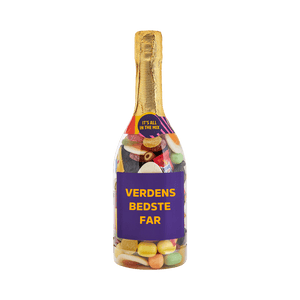 Champagneflaske fyldt med farverigt slik med teksten VERDENS BEDSTE FAR på etiketten. Gaveidé fra SlikEkspressen.