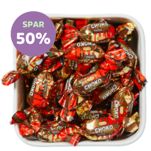 Indpakkede Choko Original karameller i rød og guld folie – spar 50% hos SlikEkspressen.