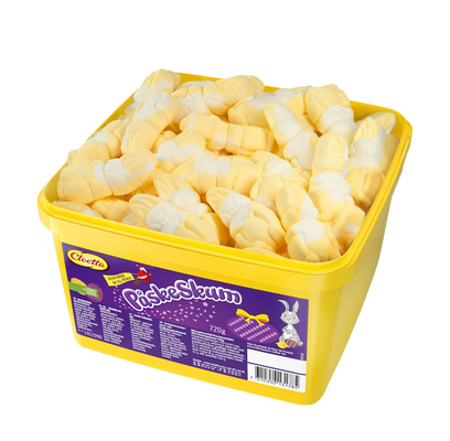 Kasse med bløde, søde skumfigurer i farverige påskeformer fra Cloetta, perfekt til festlige anledninger.  