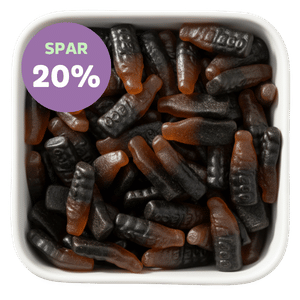 Cola Lakrids Flasker fra Malaco i Bland Selv Slik – vingummi med cola- og lakridssmag. Tilbud – spar 20%.