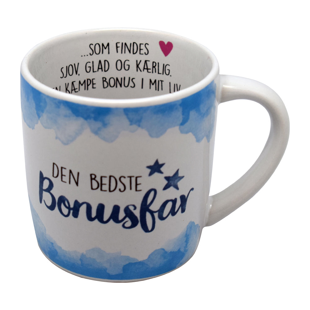 Kop med teksten "Den bedste Bonusfar" udenpå og hilsen indeni: "...som findes. sjov, glad og kærlig. En kæmpe bonus i mit liv." Perfekt gave til en bonusfar.