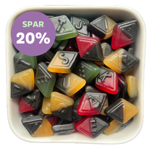 Diamantformede vingummier med frugt- og lakridssmag – Duomanter fra Malaco. Tilbud - spar 20%.