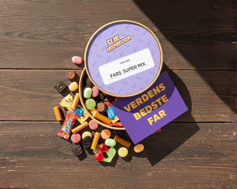 Fars Super Mix fra SlikEkspressen med Bland Selv Slik og Verdens Bedste Far-kort – perfekt gave til fars dag.