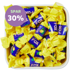 Indpakkede citronkarameller i gul og blå folie – Fox Citron fra Malaco, nu på tilbud med 30% rabat hos SlikEkspressen.