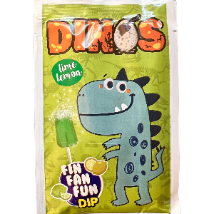 Fun Dino Dip fra Cerdan – frugtslikkepind med syrligt lemon-lime pulver i grøn indpakning med dinosaurmotiv.
