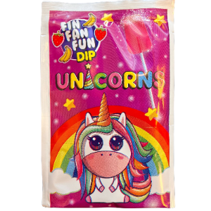 Fun Unicorn Dip fra Cerdan – frugtslikkepind med syrligt jordbær-banan pulver i farverig indpakning med enhjørning og regnbue.
