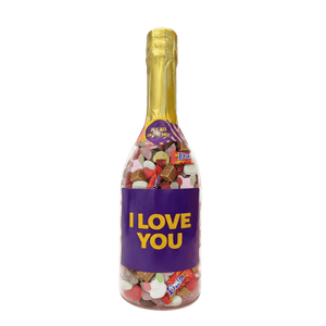 Gelatinefri Mix – I Love You Champagneflaske med slik fra SlikEkspressen, romantisk gave fyldt med gelatinefri slikfavoritter i dekorativ flaske.