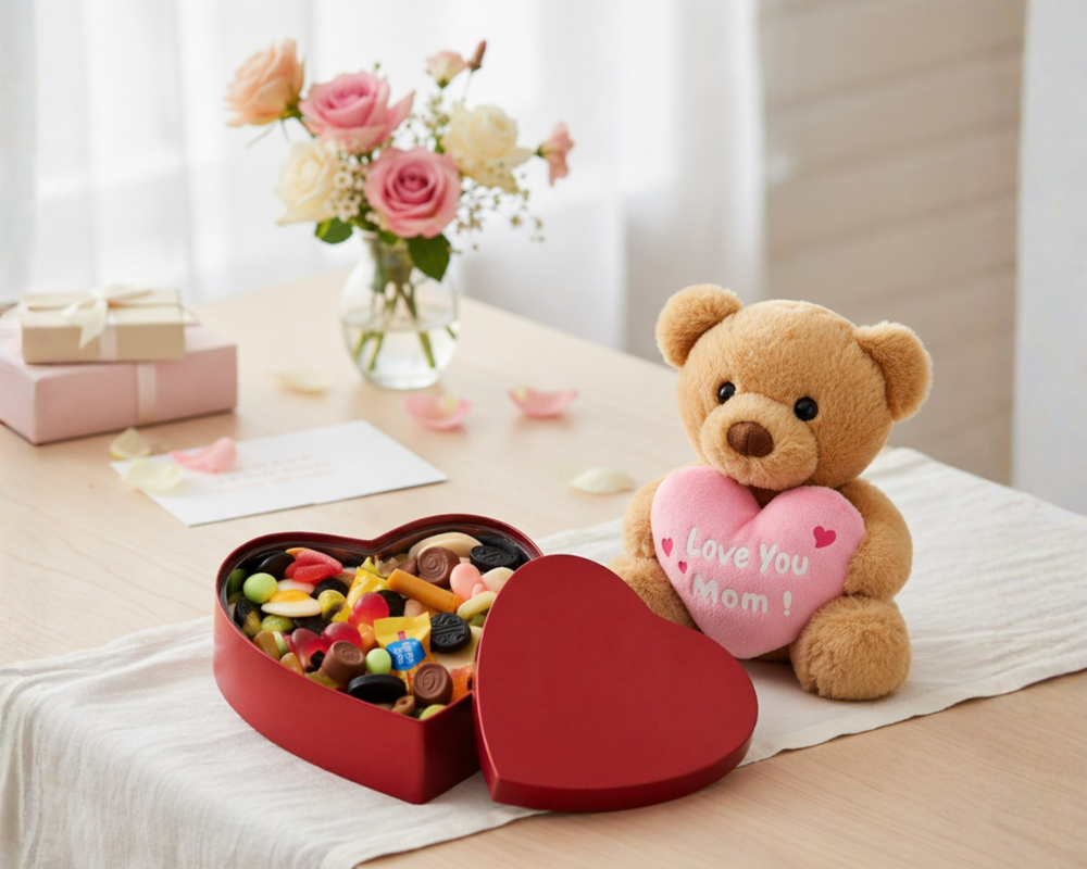 Rød hjerteæske fyldt med bland selv slik sammen med bamse med lyserødt hjerte og teksten “Love You Mom” på lyst bord med blomster og hyggelig mors dags stemning.