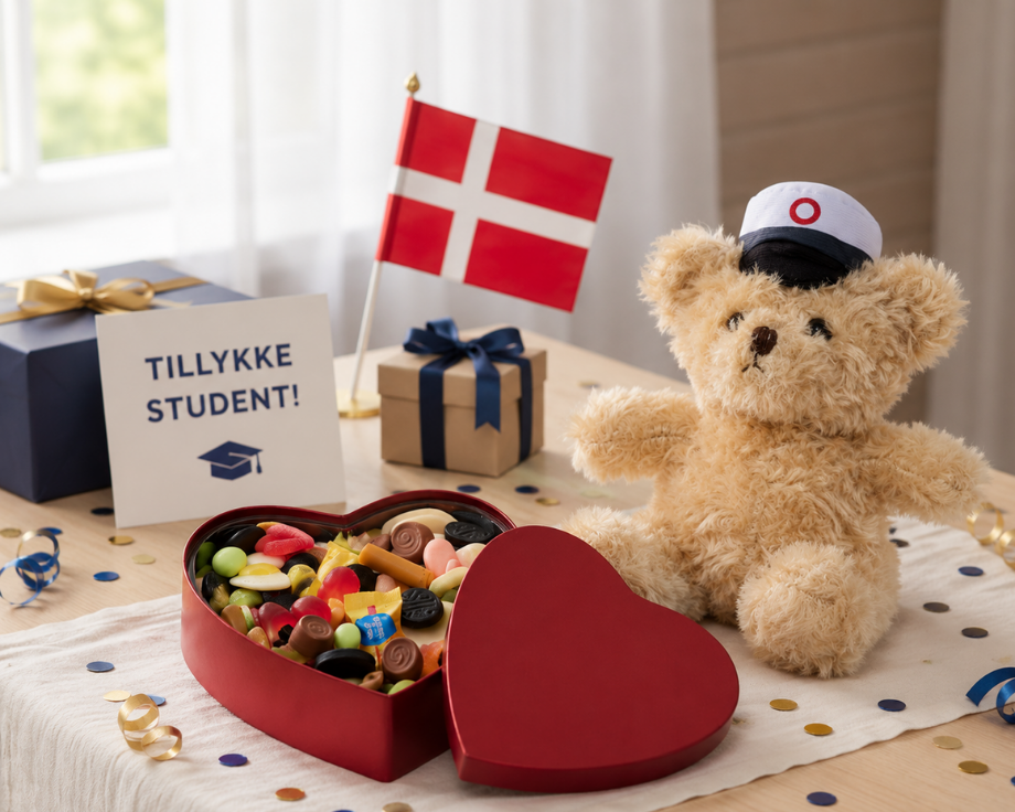 Rød hjerteæske fyldt med bland selv slik sammen med bamse med studenterhue, dansk flag, gaveæsker og studenterskilt på festligt bord til fejring af studenten.