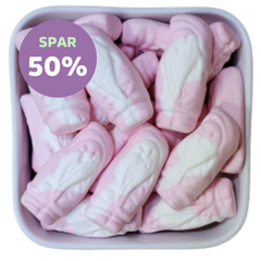 Juleskum fra Cloetta – blødt lyserødt og hvidt skumslik med jordbærsmag formet som julemænd. Tilbud - spar 50%.