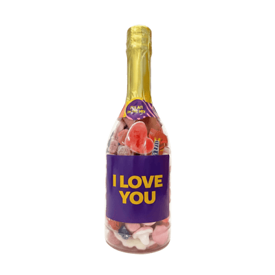 Kærligheds Mix – I Love You Champagneflaske med slik fra SlikEkspressen, romantisk gave med rødlige slikfavoritter i dekorativ champagneflaske.
