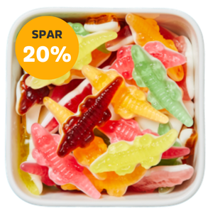 Flerfarvede krokodiller i vingummi og skum fra Astra Sweets – en sjov og populær variant i Bland Selv Slik. Tilbud - spar 20%.
