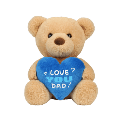 Sød bamse med blå hjertepude og teksten "LOVE YOU DAD" – perfekt gave til Fars Dag eller som kærlig overraskelse.