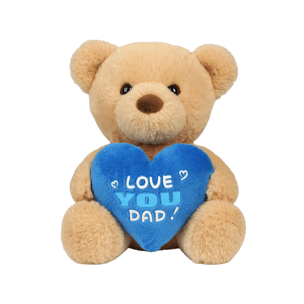 Sød bamse med blå hjertepude og teksten "LOVE YOU DAD" – perfekt gave til Fars Dag eller som kærlig overraskelse.
