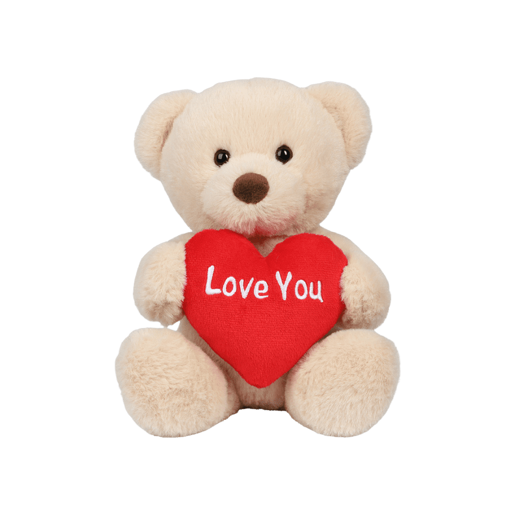 Blød Love You hjertebamse i lyst plys med rødt hjerte og broderet tekst – perfekt som romantisk gave.