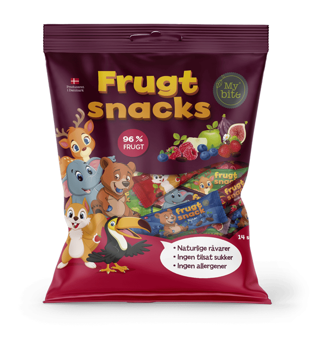 Stor pose Madpakkesnacks (My Bite Frugt snacks)  med 14 stk. – naturlige frugtsnacks uden tilsat sukker eller allergener, pakket i børnevenligt design.