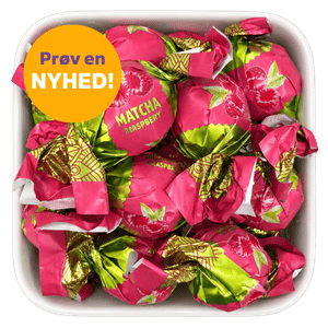 Matcha Raspberry fra Millano Group – individuelt indpakkede mælkekugler med matcha-te og yoghurtfyld med hindbærsmag. Nyhed i Bland Selv Slik.