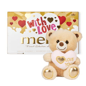 Merci chokoladeæske med teksten "With Love" og en sød bamse med lyserødt hjerte, hvor der står "Love You"
