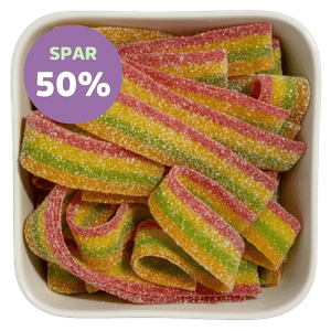 Miami Pasta fra Haribo (Pasta Basta Miami) er syrlige vingummibånd med sukker i farverne orange, grøn, gul og rød. Tilbud - spar 50% hos SlikEkspressen.