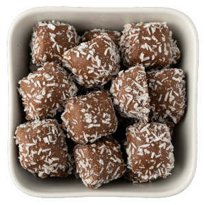 Mormors Kokostoppe fra Mormor Lisas Konfektyr i Bland Selv Slik – saftig kokos med chokoladeovertræk.