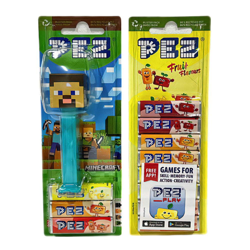 PEZ Minecraft Pakke med dispenser og 11 pakker frugtpastiller – sjov gaveidé fra SlikEkspressen.