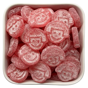 Raspberry Twins fra Grahns – syrlige vingummier med hindbærsmag og smilende ansigter.