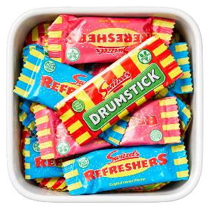 Refreshers Minimix fra Swizzels – assorteret mix af små, individuelt indpakkede frugtkarameller i Bland Selv Slik.