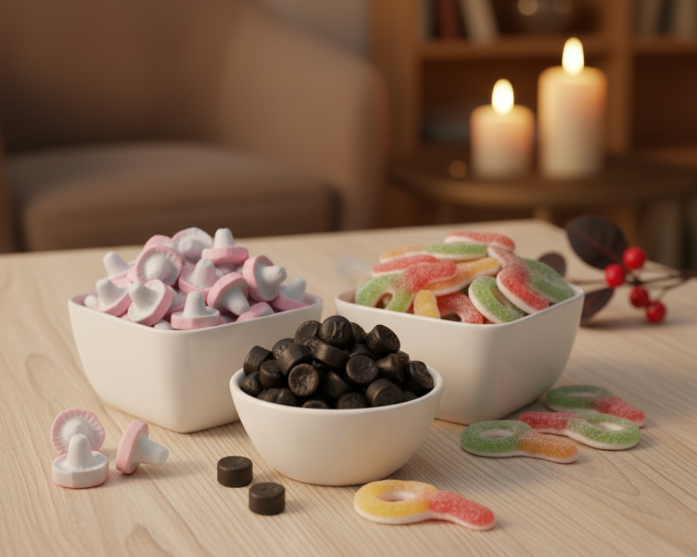 Tre hvide skåle med Bland Selv Slik på et træbord, fyldt med vingummi, skumslik og lakrids, stemningsfuldt oplyst med stearinlys i baggrunden.