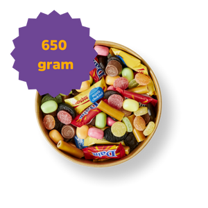 650 gram favoritmix slik i stor gavebøtte – mulighed for personligt kort medsendt (179 kr)