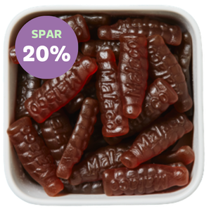 Store colaflasker fra Malaco – blød vingummi med klassisk colasmag i Bland Selv Slik. Tilbud hos SlikEkspressen – spar 20%.