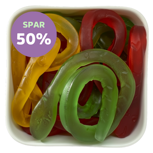 Store hugorme fra Grahns – lange, farverige vingummislanger med klassisk frugtsmag. Perfekt i Bland Selv Slik. Tilbud. Spar 50%.