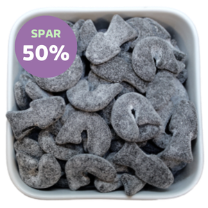 Mørke lakridssild dækket af salt lakridspulver – Super Salte Sild fra Malaco. Tilbud - spar 50%.