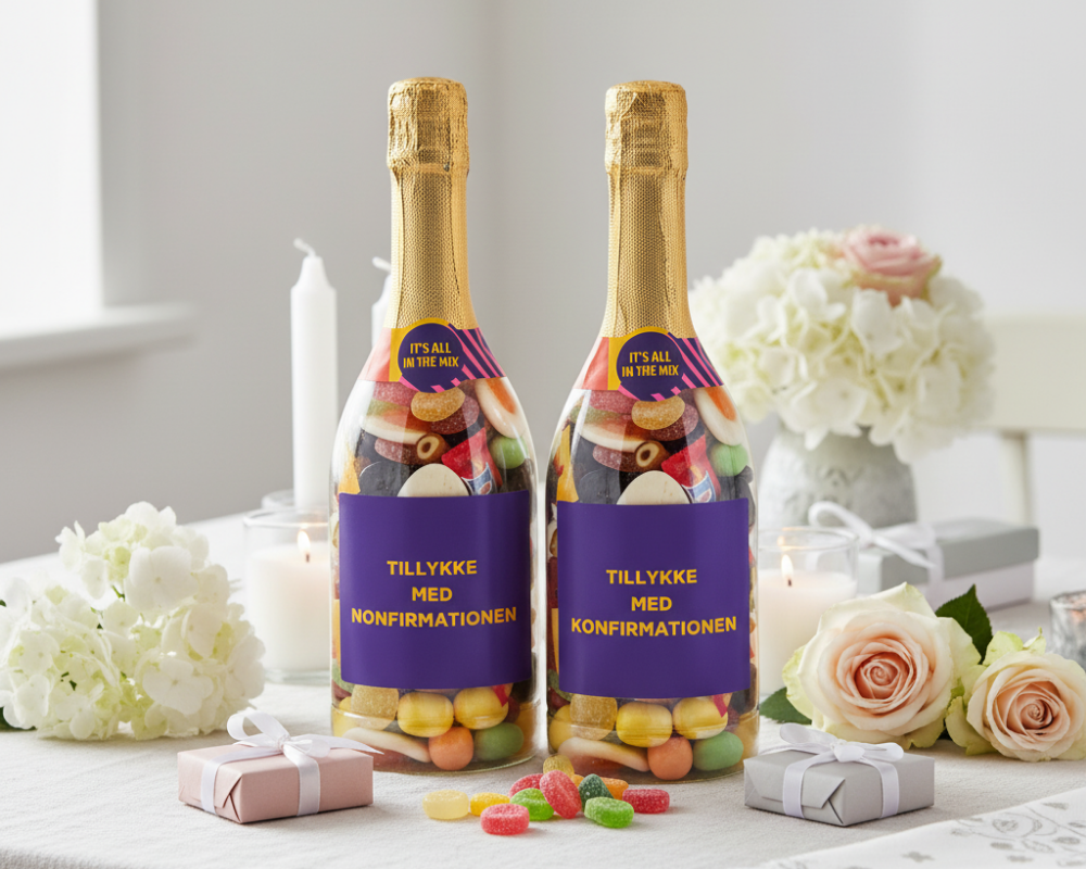 Champagneflasker med slik med teksten Tillykke med konfirmationen og Tillykke med nonfirmationen fra SlikEkspressen